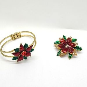 Vintage Poinsettia Gold Clamper Bangle  Signed & Poinsettia  Brooch